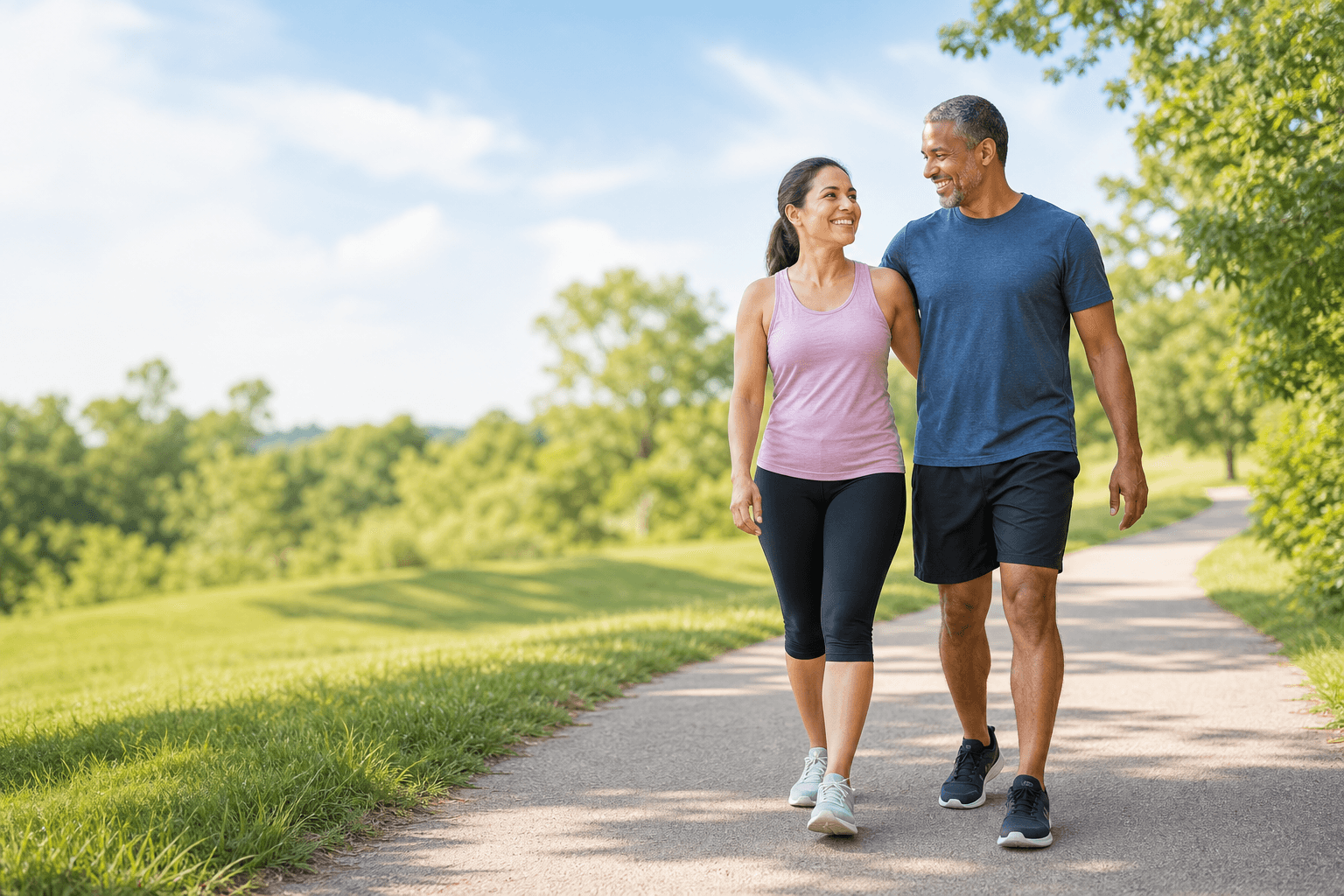 Active couple in their 40s walking outdoors with confident knee movement after recovery