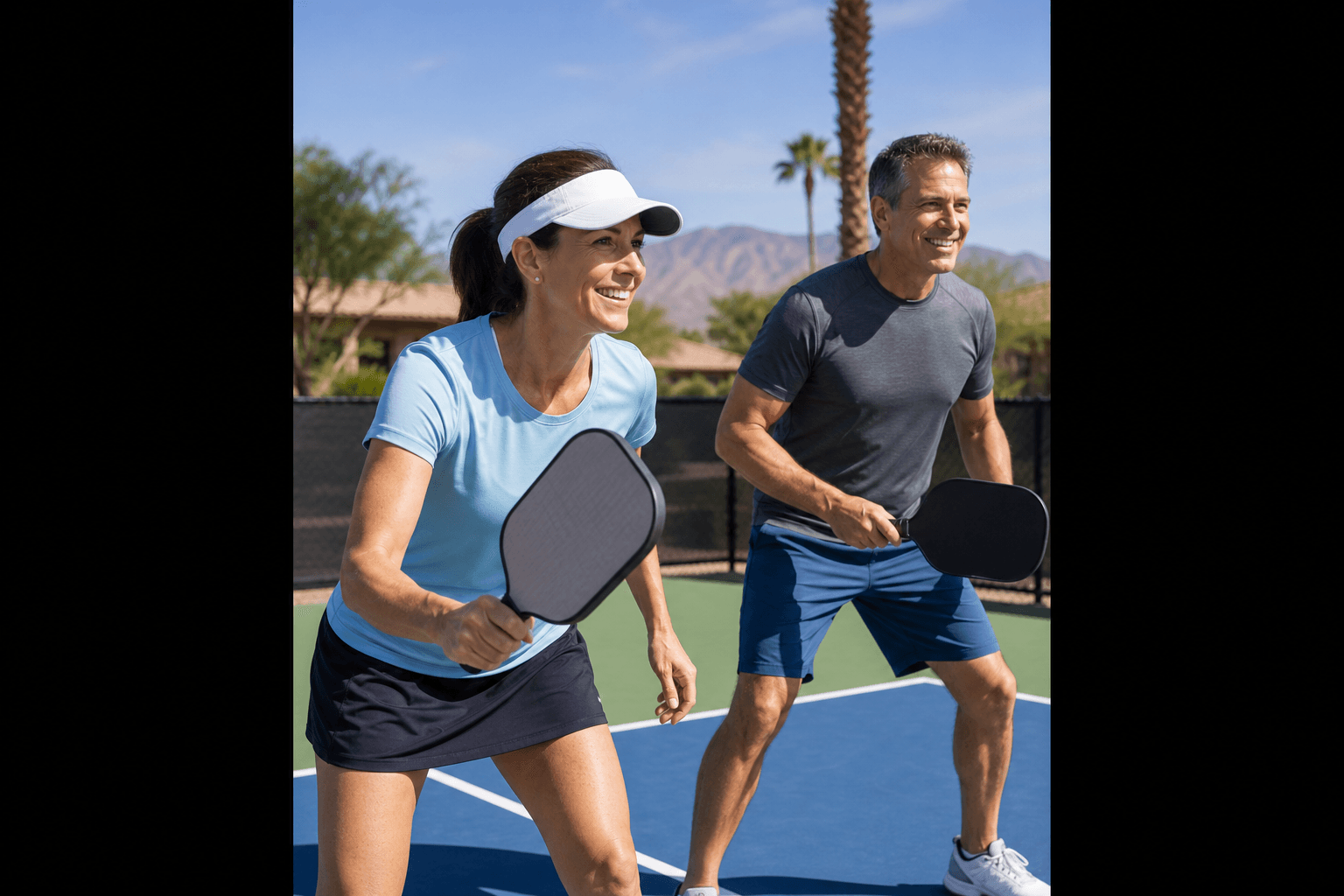 Active adults in their 40s playing pickleball outdoors