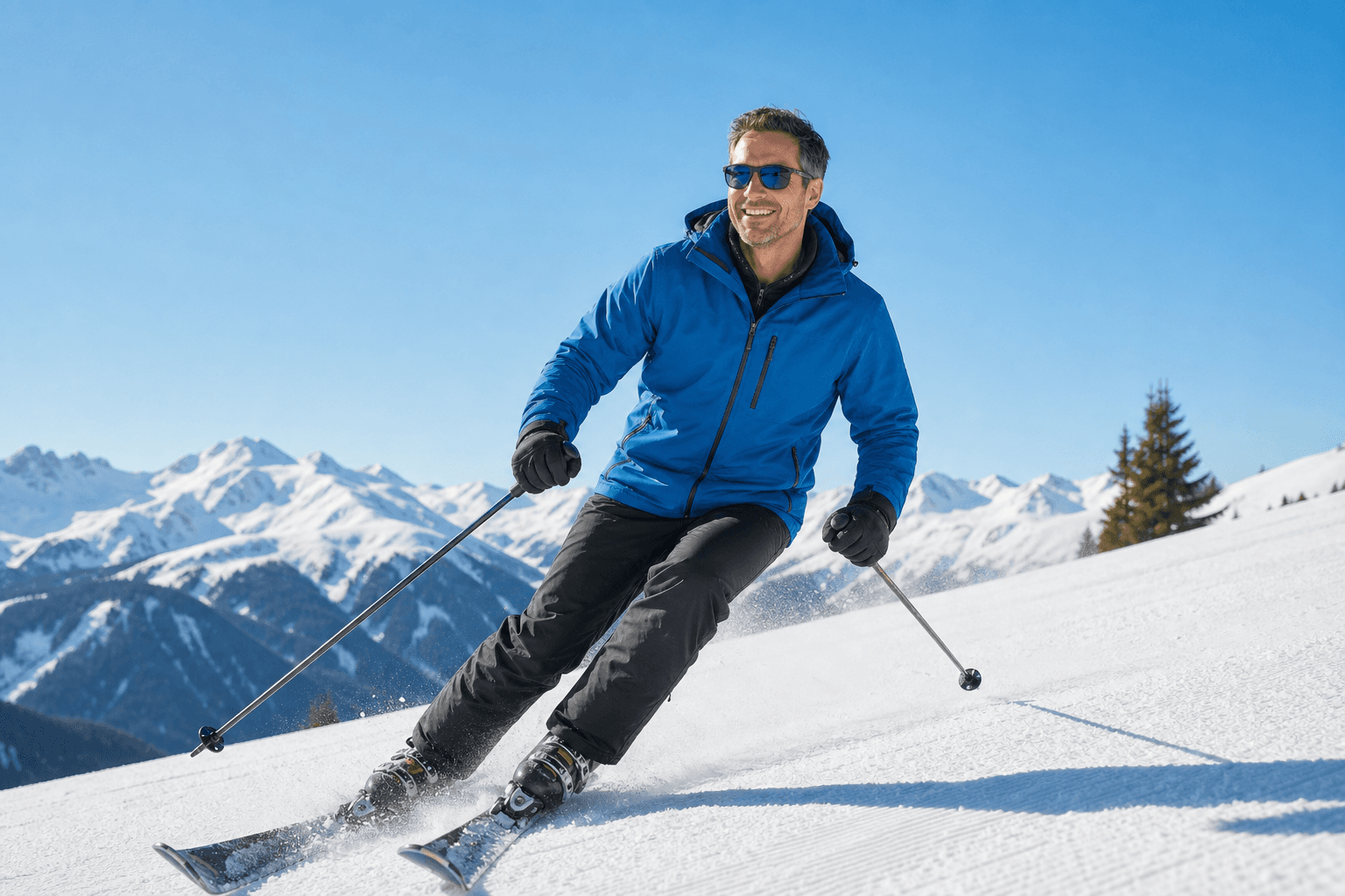 Active adult in their 40s skiing on a sunny slope